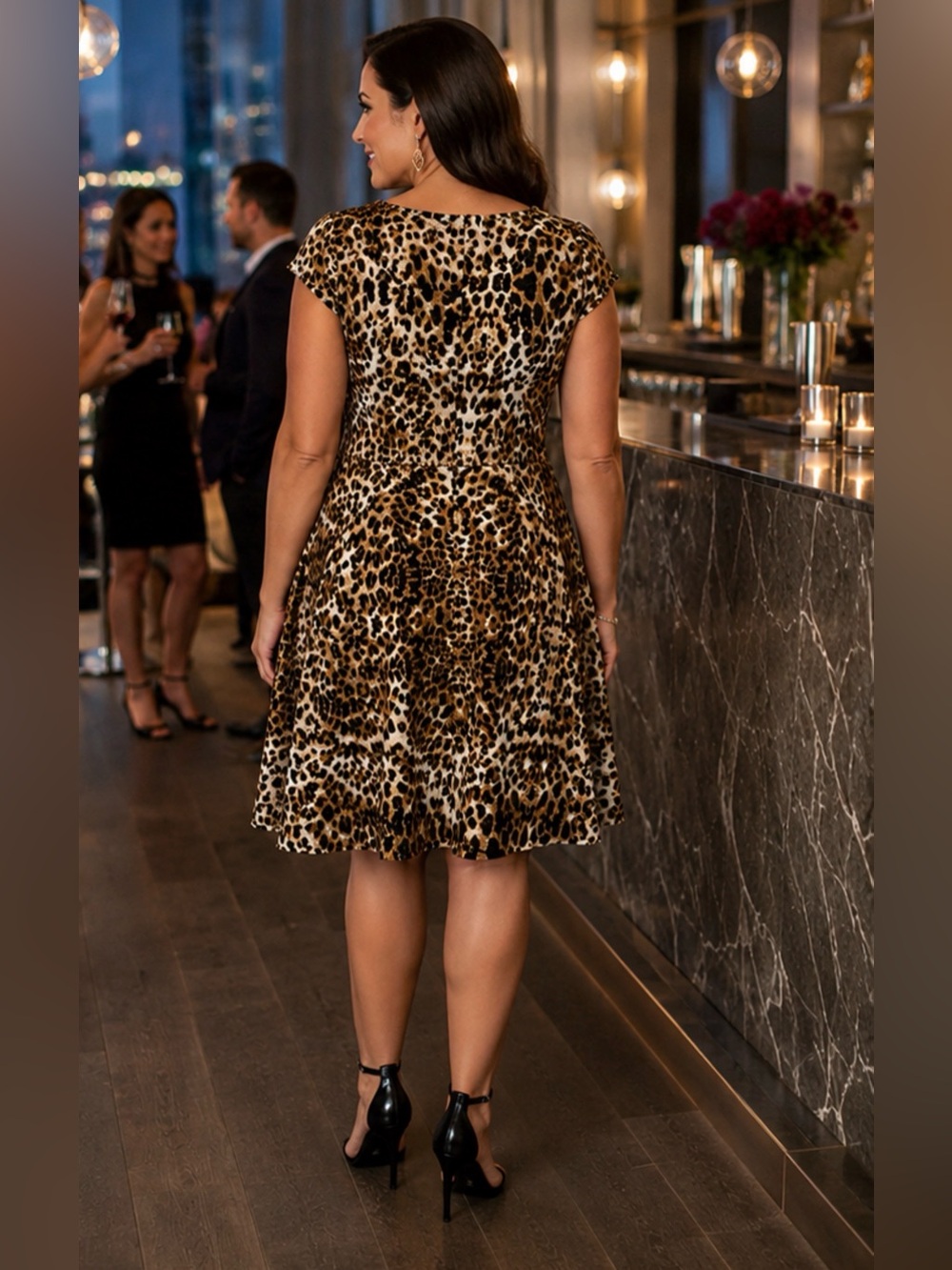 Leopard Print Skater Style Short Sleeve Dress - Picture 6 of 12